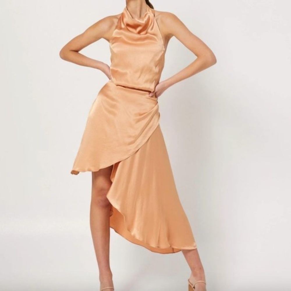 Elliatt Gold Halter Tiered Asymmetric Midi Cocktail Dress Satin Size Small New - Picture 4 of 14